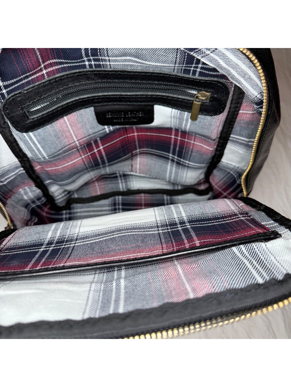 Vera 100% Pelle Made In Italy Black Pebbled Leather Mini Backpack Plaid Lining - Picture 3 of 9